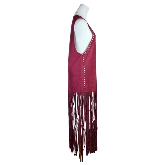 Crazy Train Burgundy Fringe Vest OS Studded Western Festival Rodeo Duster - Picture 4 of 8